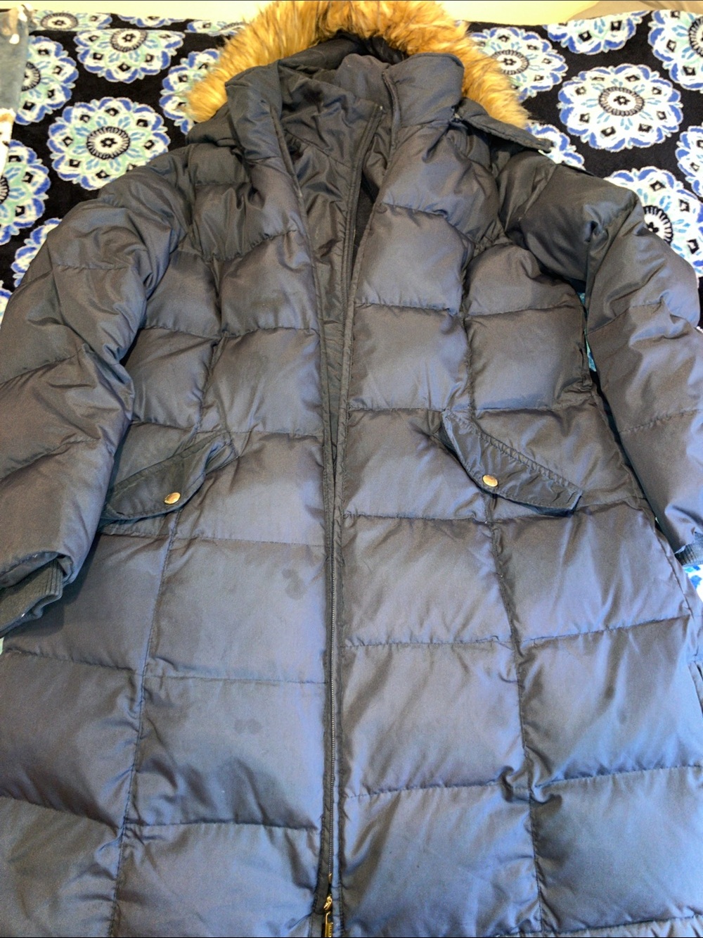 Ellen Tracy Navy Puffer Coat with Faux Fur Hood